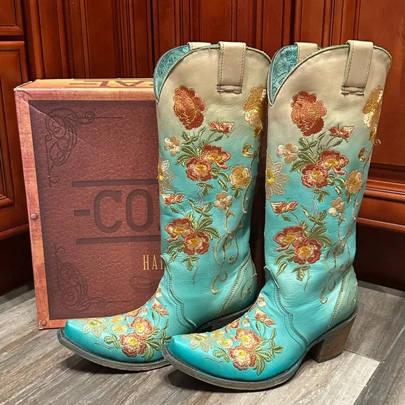 Corral Cowboy Boots C3304 Floral Turquoise Flower Embroidered 7 Rare Wedding - Picture 5 of 10